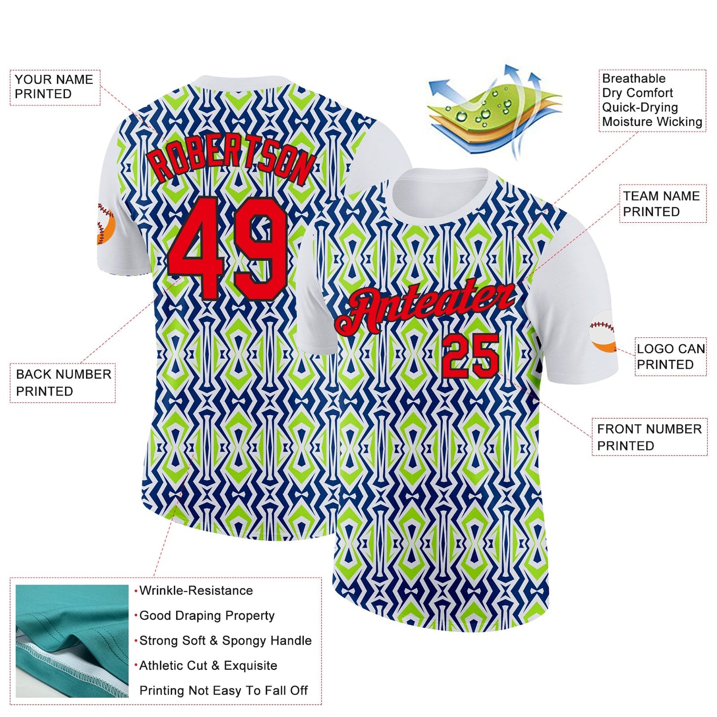 Custom White Fire Red US Navy Blue Aurora Green-Black 3D Esports Performance T-Shirt view 2