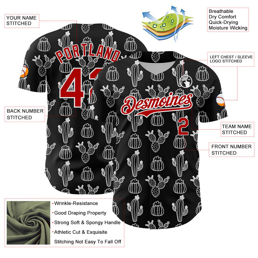 Custom Black Red-White 3D Mexican Cactus Authentic Baseball Jersey view 3