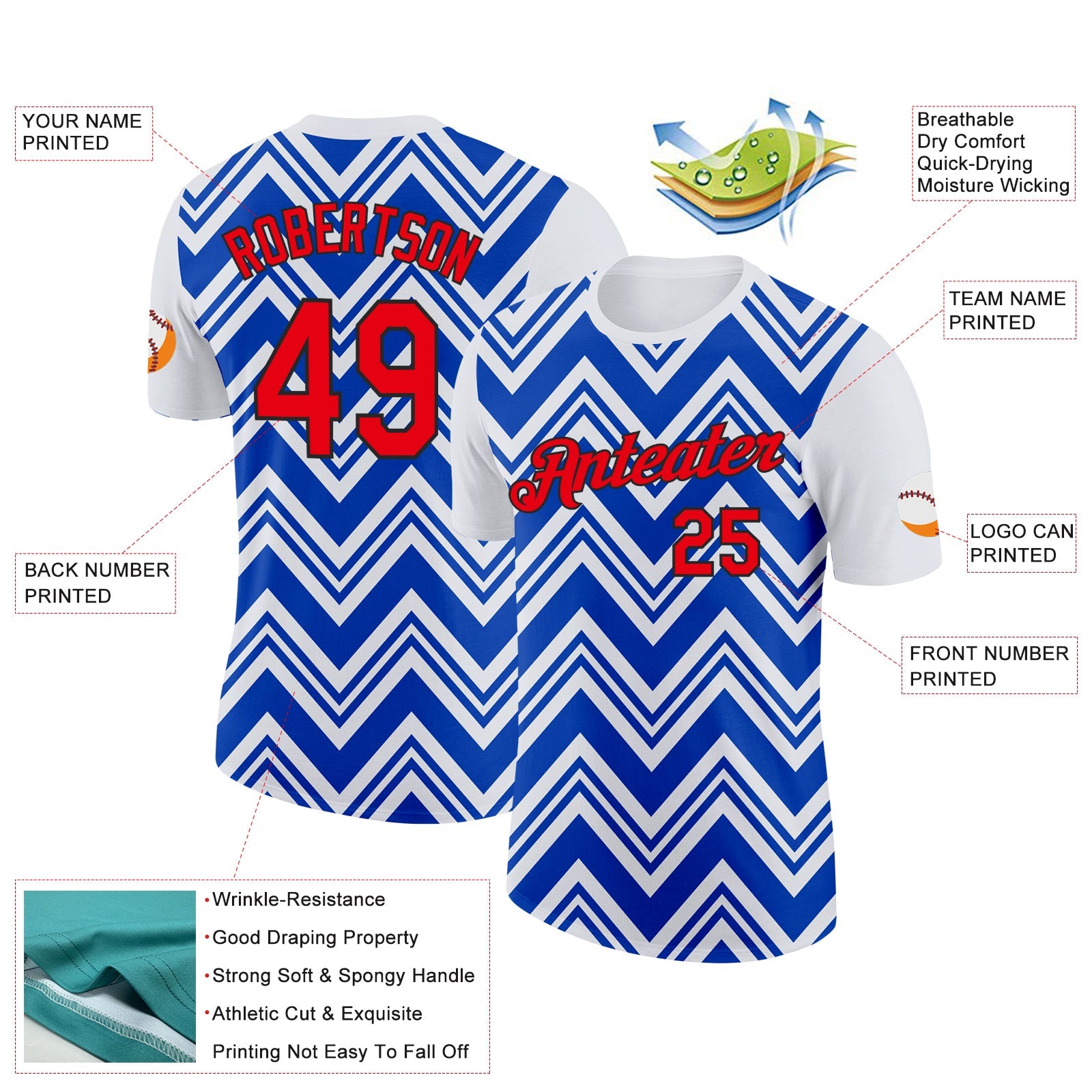 Custom White Fire Red Thunder Blue-Black 3D Esports Performance T-Shirt view 2