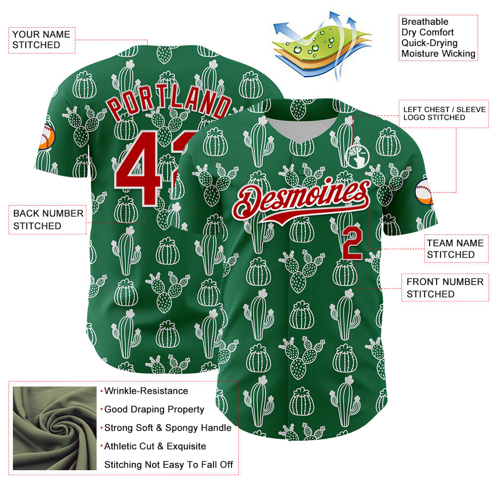 Custom Kelly Green Red-White 3D Mexican Cactus Authentic Baseball Jersey view 3