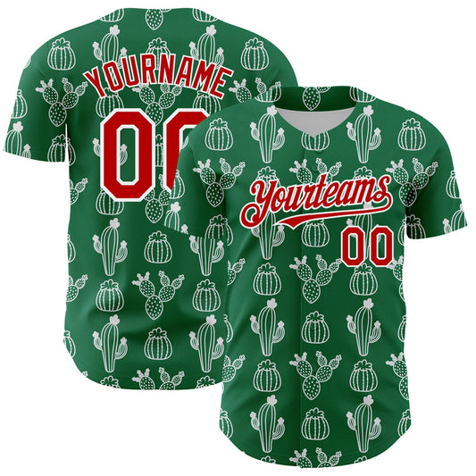 Custom Kelly Green Red-White 3D Mexican Cactus Authentic Baseball Jersey - Main View