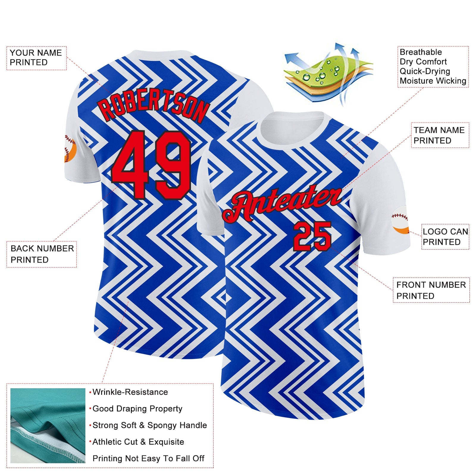 Custom White Fire Red Thunder Blue-Black 3D Esports Performance T-Shirt view 2