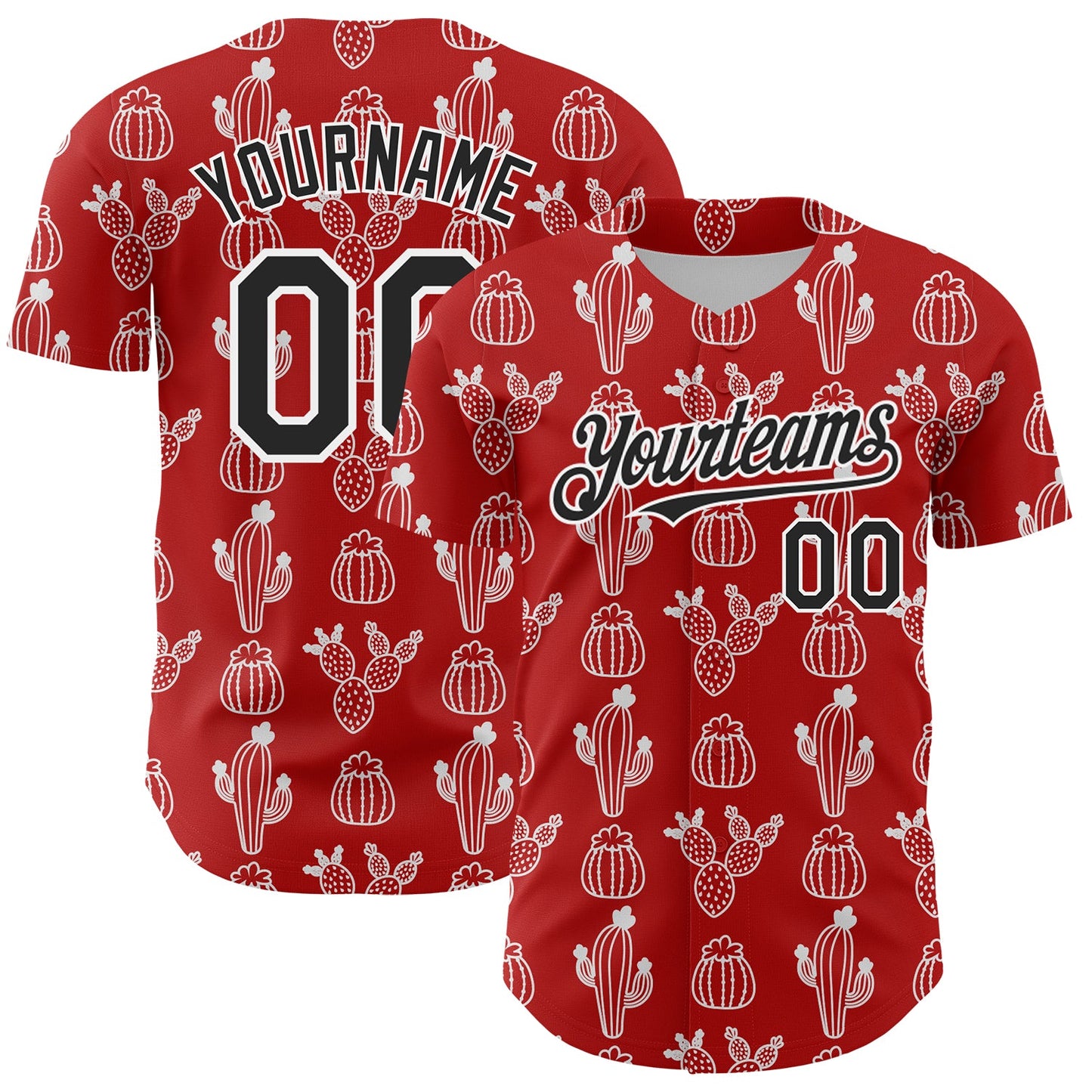 Custom Red Black-White 3D Mexican Cactus Authentic Baseball Jersey - Main View