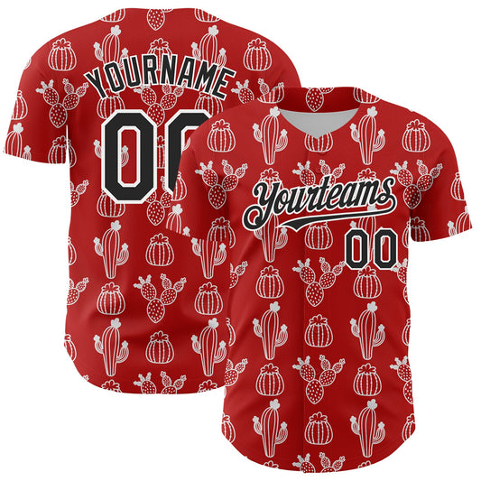 Custom Red Black-White 3D Mexican Cactus Authentic Baseball Jersey - Main View