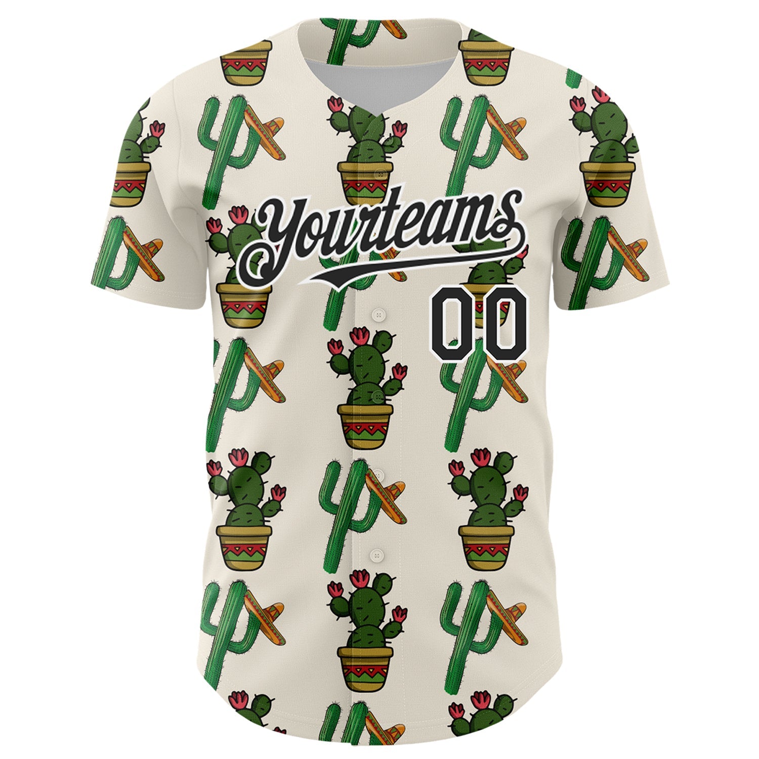 Custom Cream Black-White 3D Mexican Cactus Authentic Baseball Jersey view 2