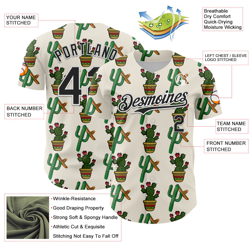 Custom Cream Black-White 3D Mexican Cactus Authentic Baseball Jersey view 3