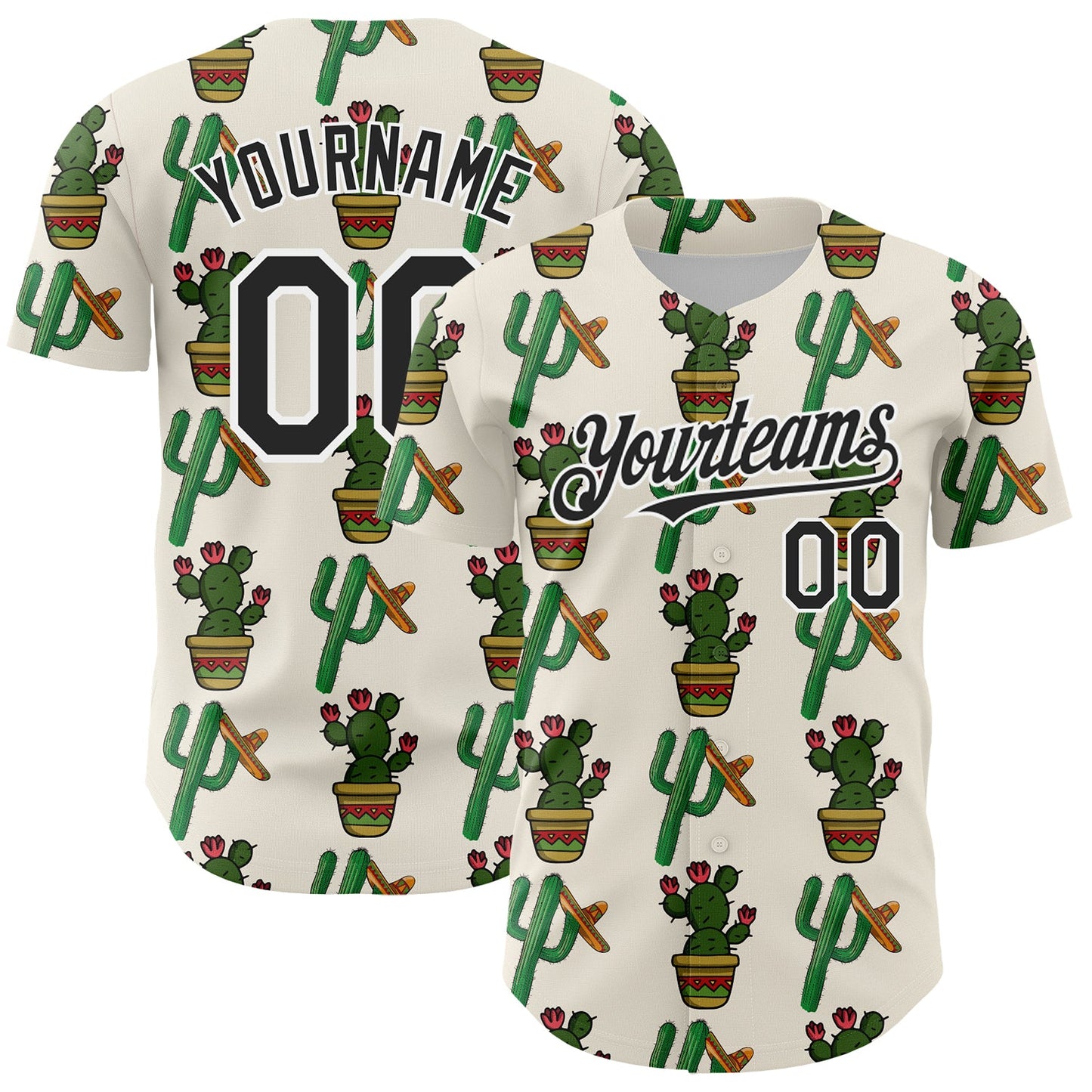 Custom Cream Black-White 3D Mexican Cactus Authentic Baseball Jersey - Main View