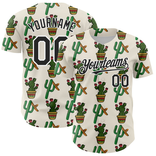 Custom Cream Black-White 3D Mexican Cactus Authentic Baseball Jersey - Main View