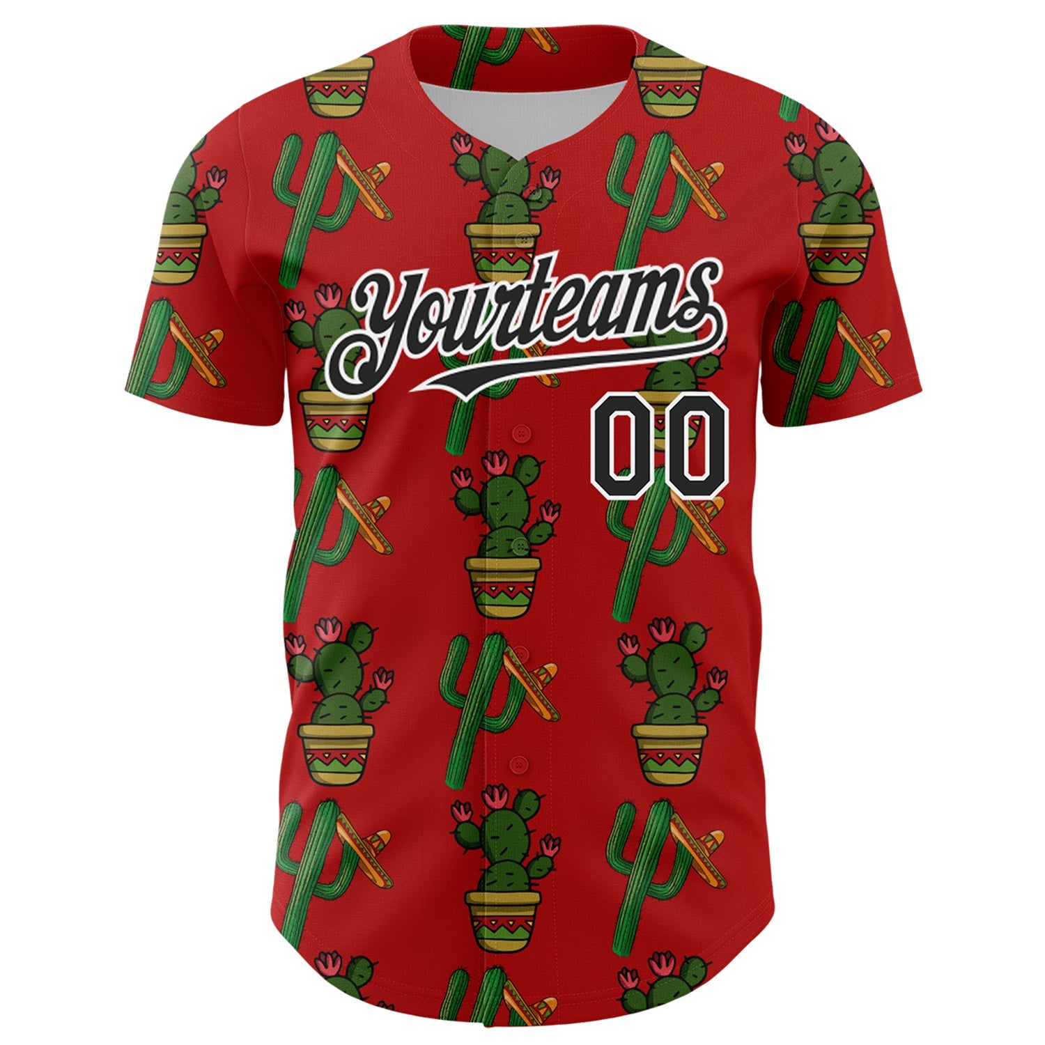 Custom Red Black-White 3D Mexican Cactus Authentic Baseball Jersey view 2