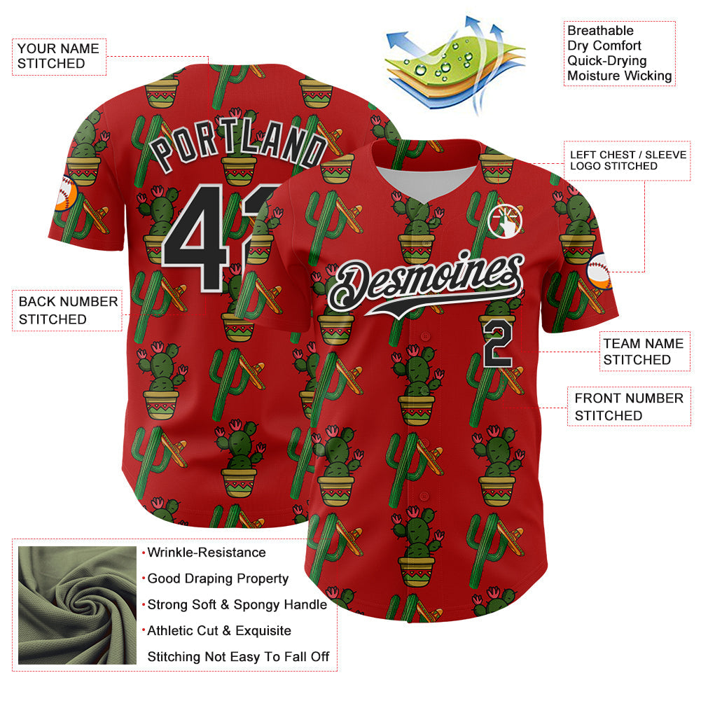 Custom Red Black-White 3D Mexican Cactus Authentic Baseball Jersey view 3