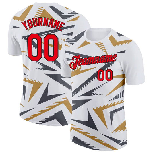 Custom White Fire Red Steel Gray Old Gold-Black 3D Esports Performance T-Shirt - Main View