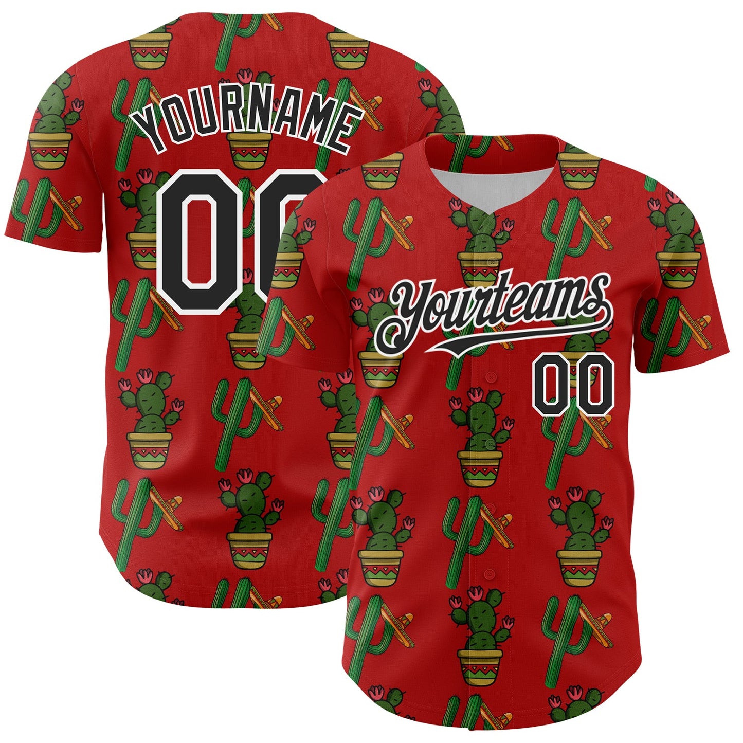 Custom Red Black-White 3D Mexican Cactus Authentic Baseball Jersey - Main View
