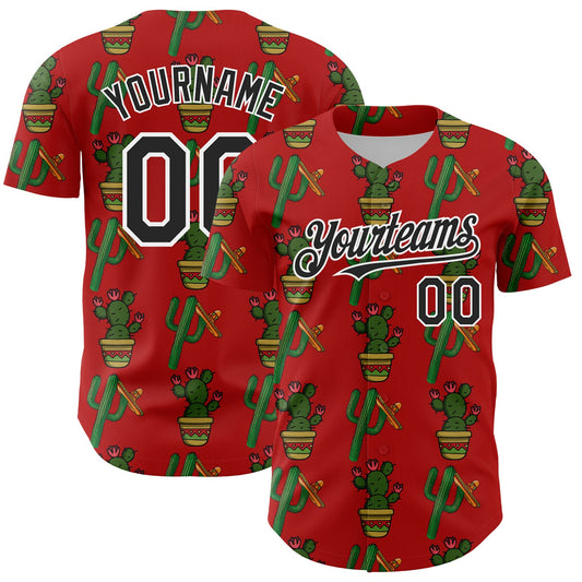 Custom Red Black-White 3D Mexican Cactus Authentic Baseball Jersey - Main View
