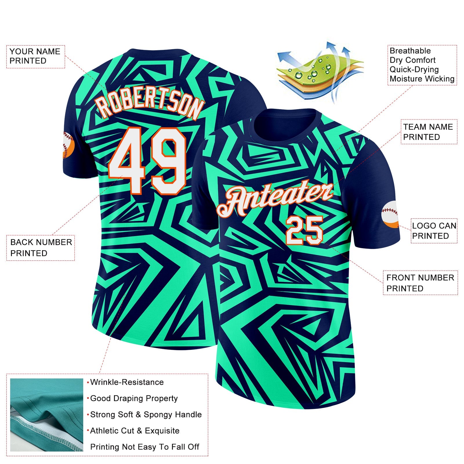 Custom Navy Pea Green-Orange 3D Esports Performance T-Shirt view 2