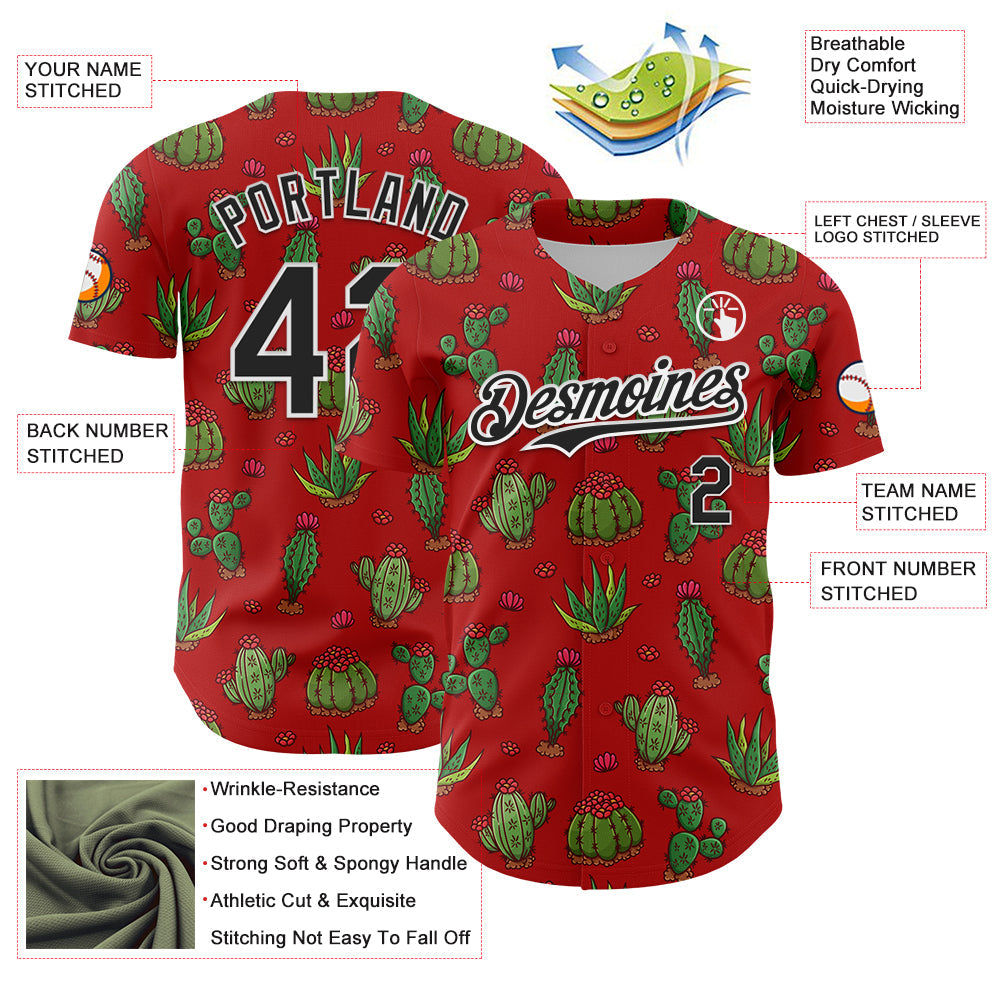 Custom Red Black-White 3D Mexican Cactus Authentic Baseball Jersey view 3