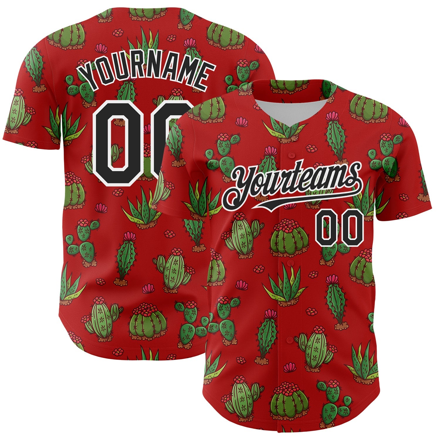 Custom Red Black-White 3D Mexican Cactus Authentic Baseball Jersey - Main View