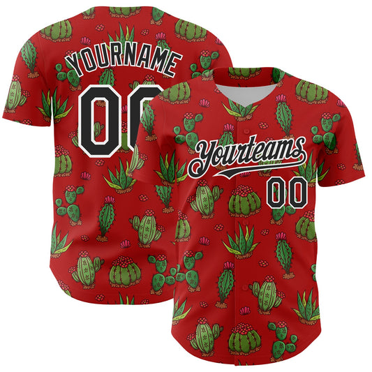 Custom Red Black-White 3D Mexican Cactus Authentic Baseball Jersey - Main View