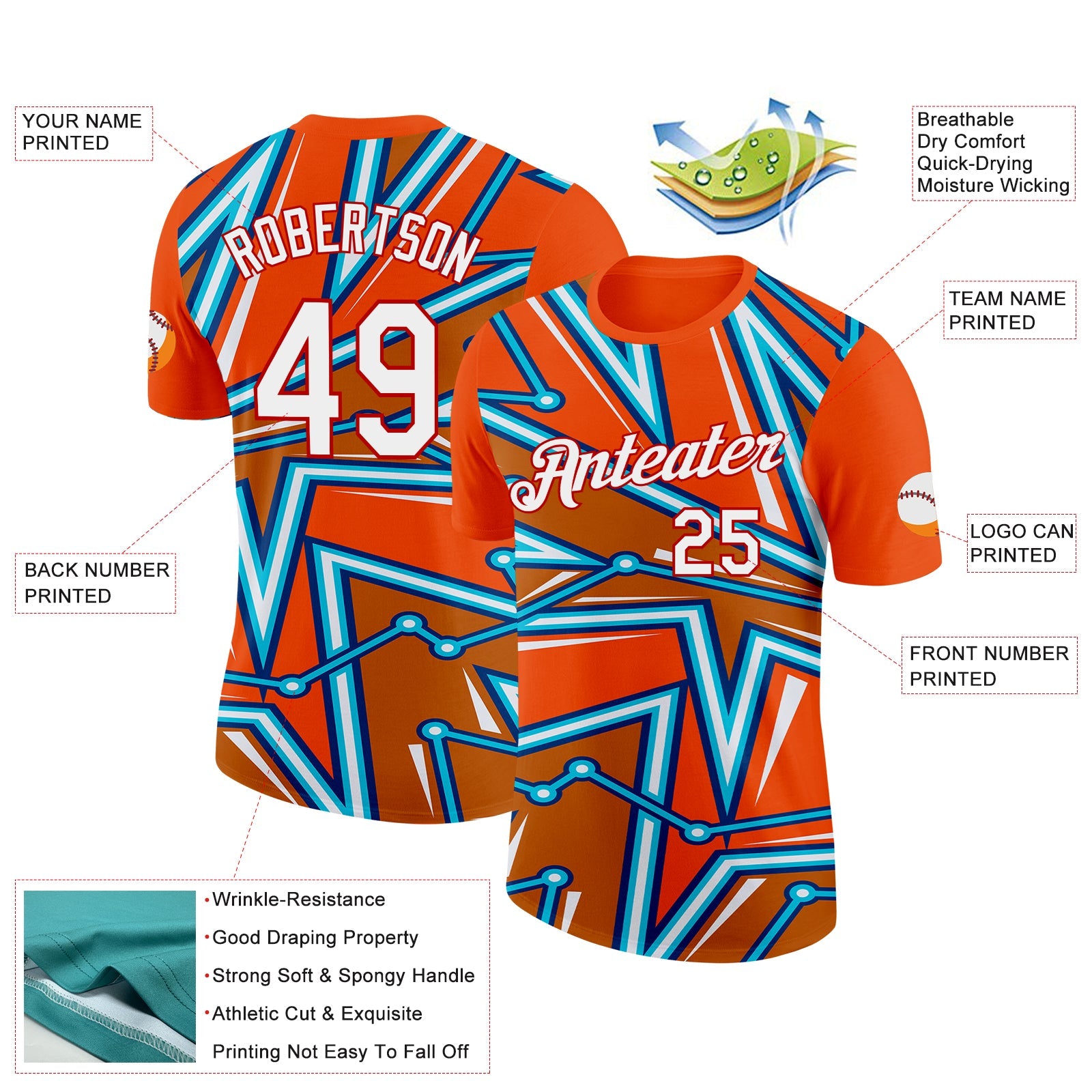 Custom Orange US Navy Blue Lakes Blue-Red 3D Esports Performance T-Shirt view 2