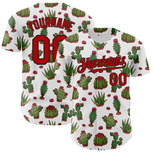 Custom White Red-Black 3D Mexican Cactus Authentic Baseball Jersey - Main View