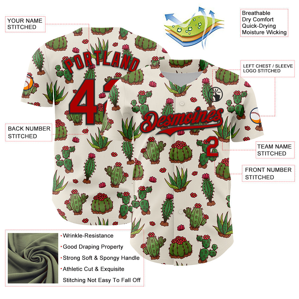 Custom Cream Red-Black 3D Mexican Cactus Authentic Baseball Jersey view 3