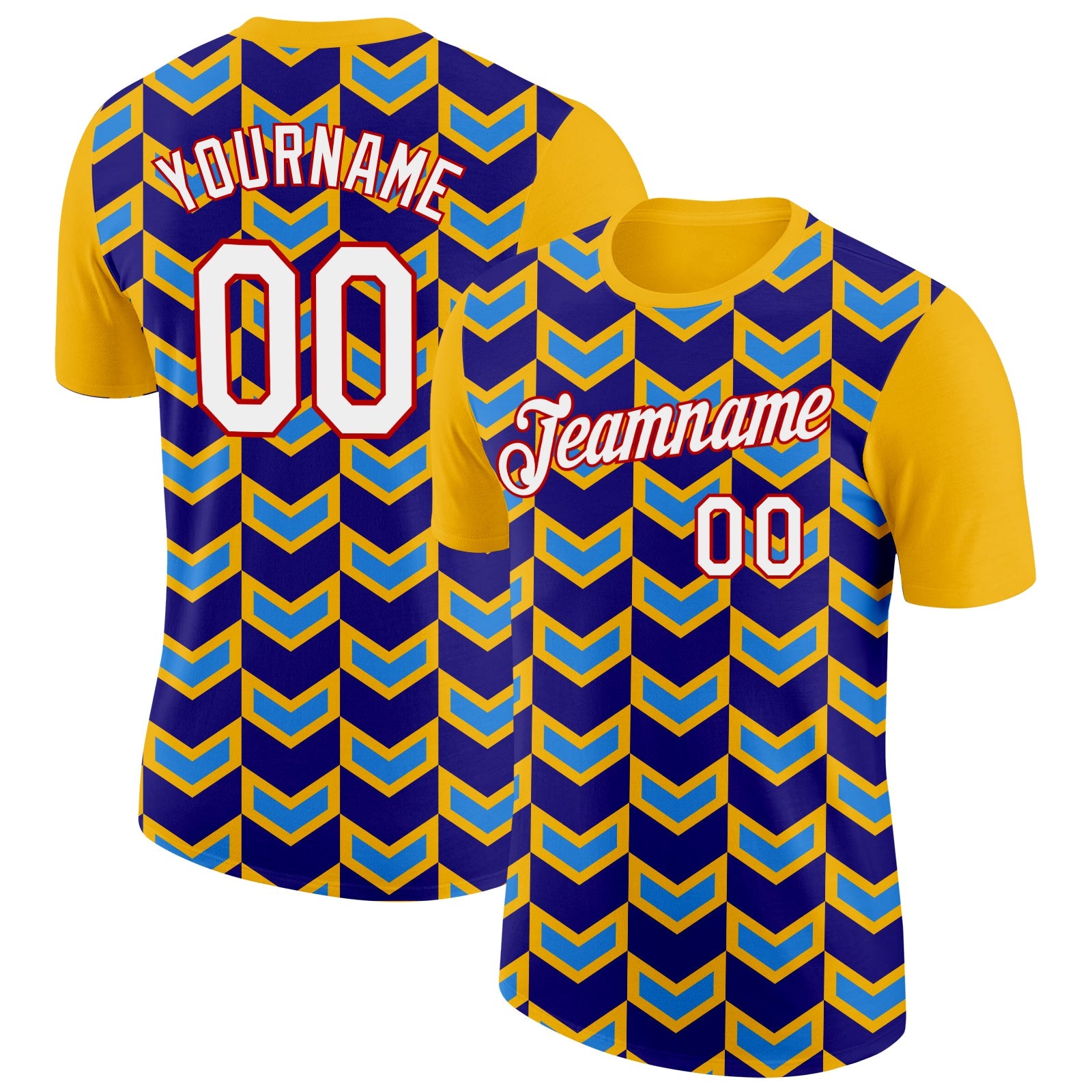 Custom Gold Dark Purple Powder Blue-Red 3D Esports Performance T-Shirt - Main View