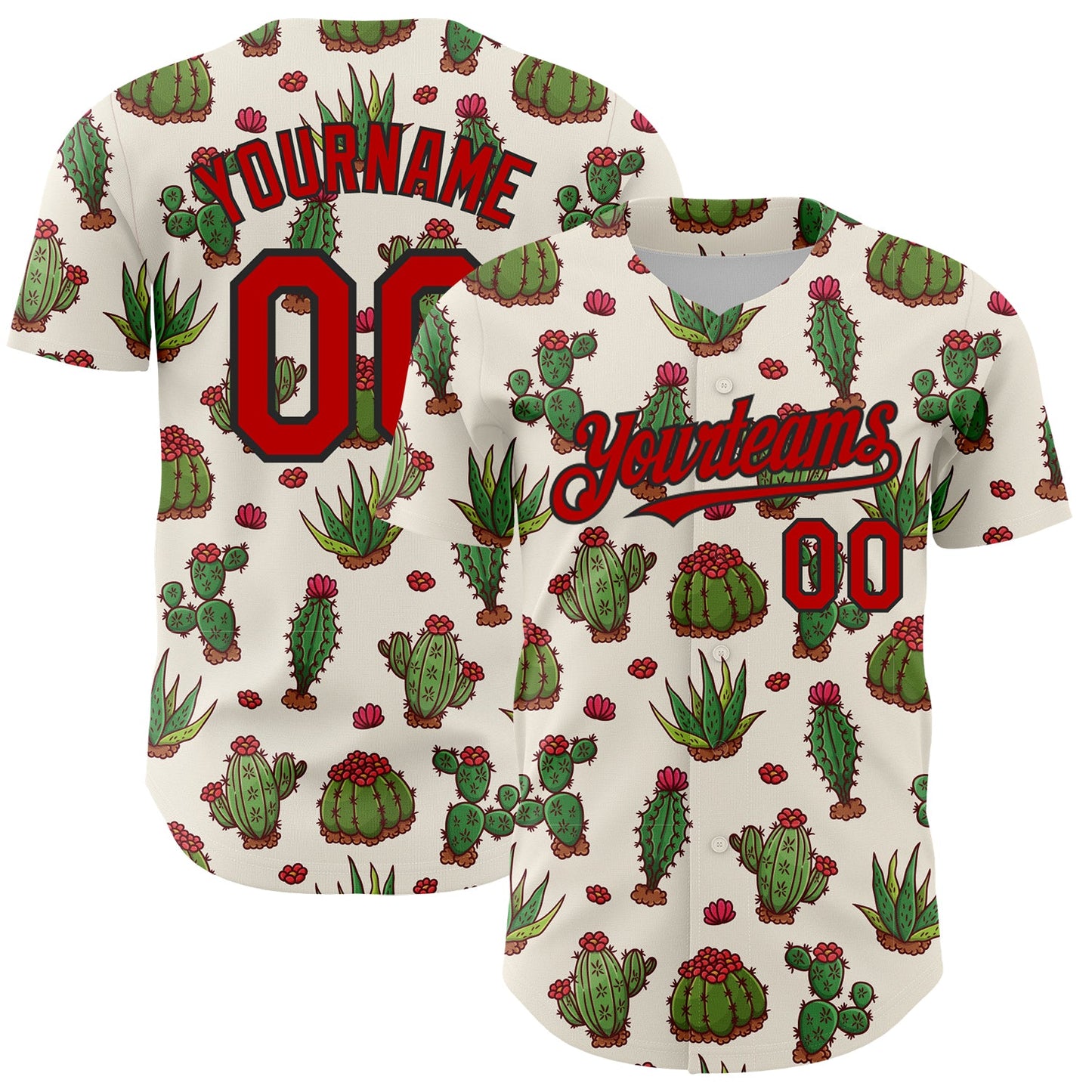 Custom Cream Red-Black 3D Mexican Cactus Authentic Baseball Jersey - Main View