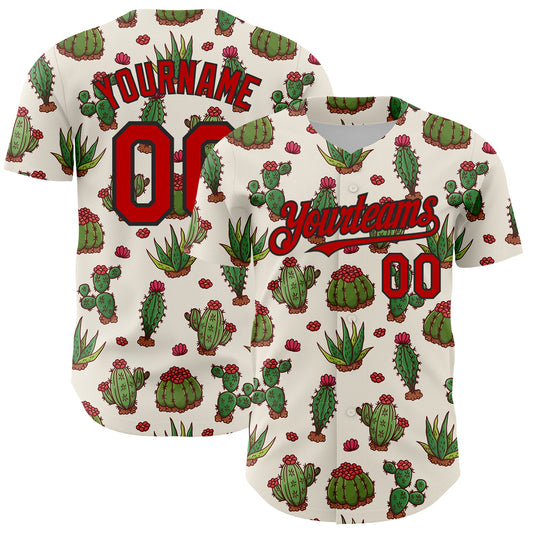 Custom Cream Red-Black 3D Mexican Cactus Authentic Baseball Jersey - Main View
