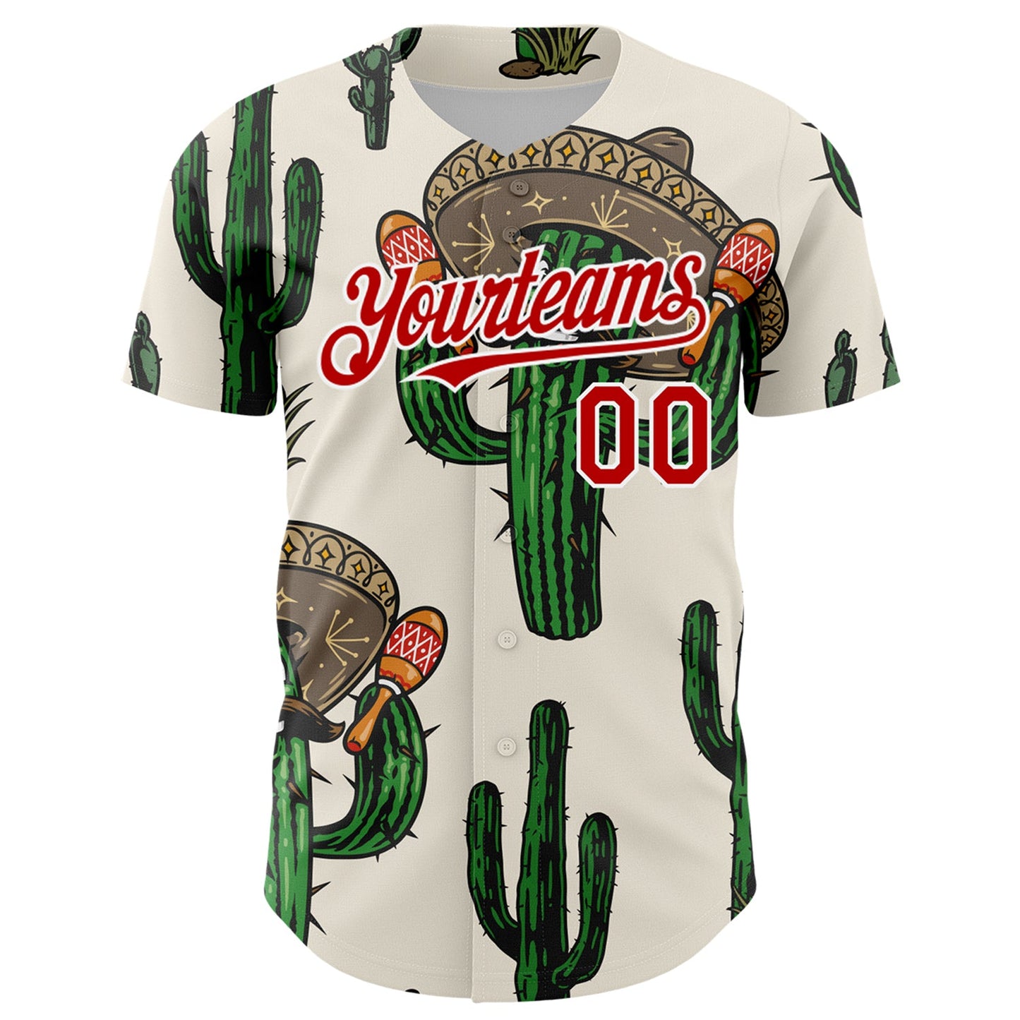 Custom Cream Red-White 3D Mexican Cactus Authentic Baseball Jersey view 2
