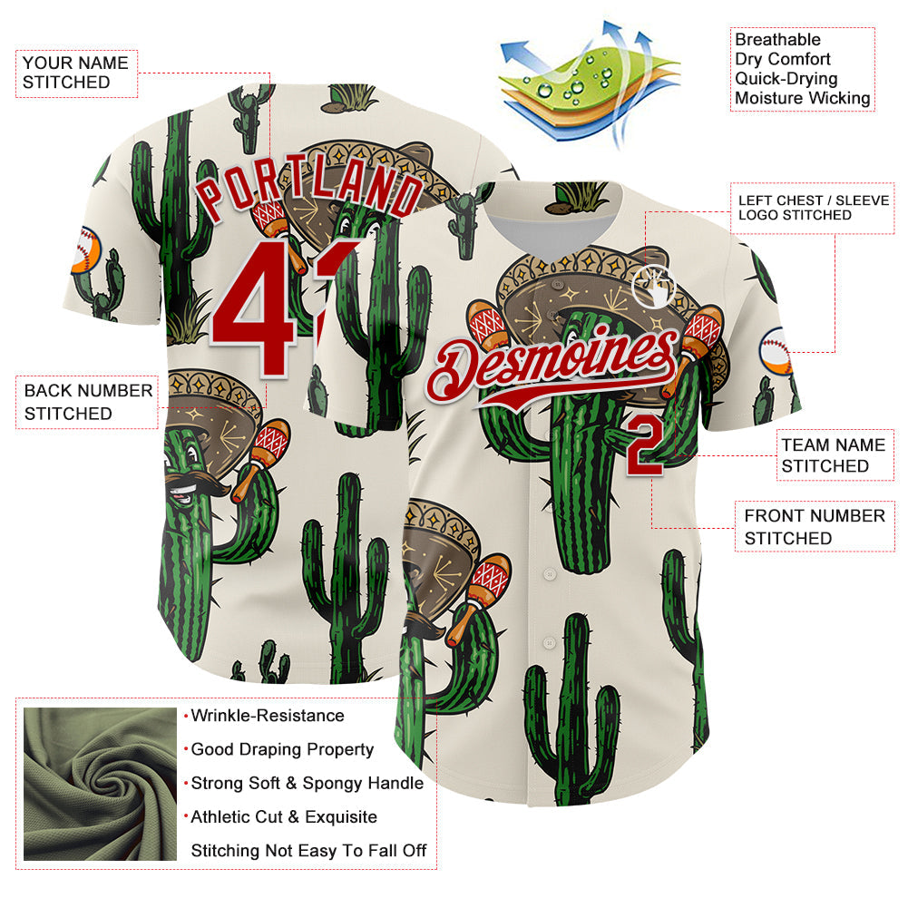 Custom Cream Red-White 3D Mexican Cactus Authentic Baseball Jersey view 3