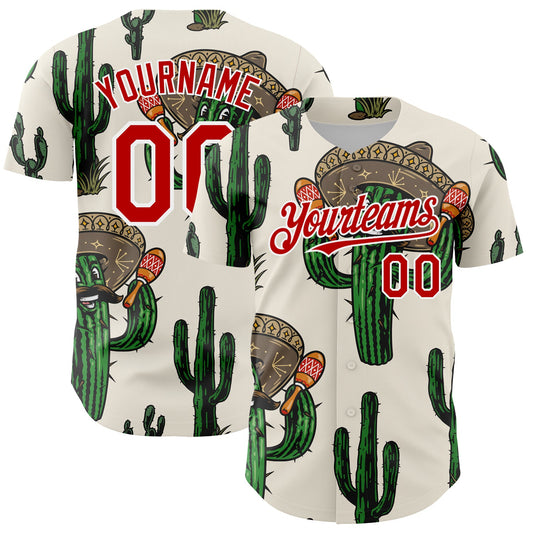 Custom Cream Red-White 3D Mexican Cactus Authentic Baseball Jersey - Main View