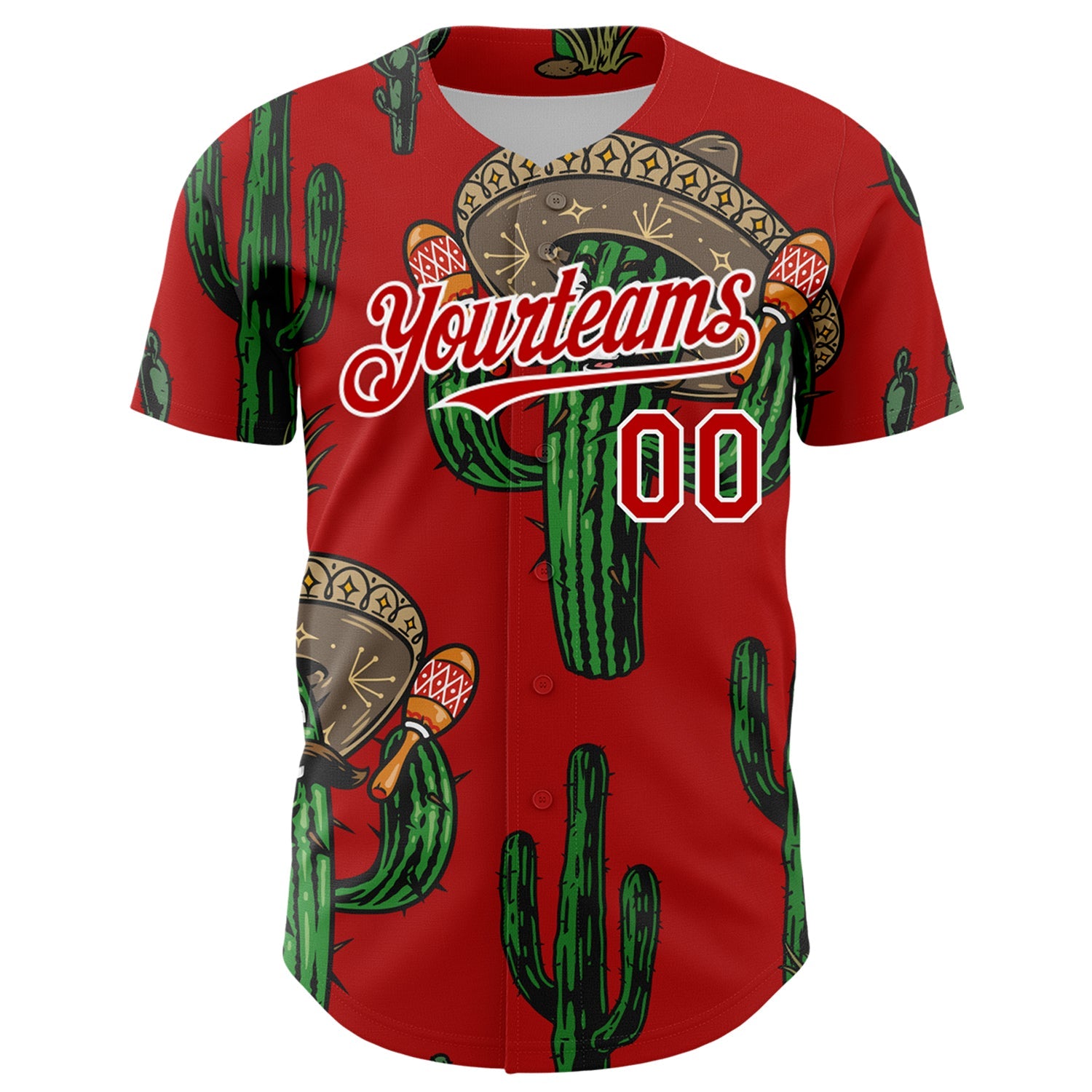 Custom Red White 3D Mexican Cactus Authentic Baseball Jersey view 2