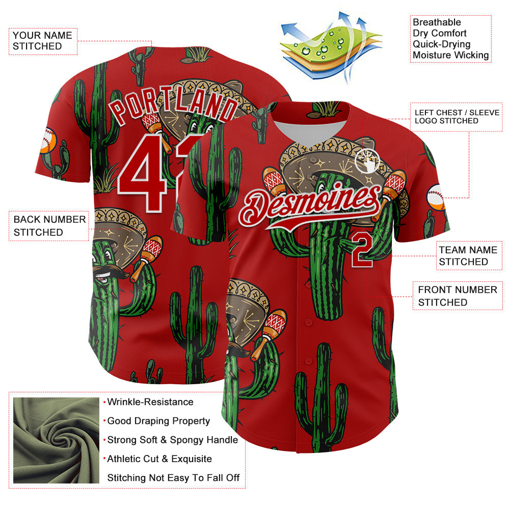 Custom Red White 3D Mexican Cactus Authentic Baseball Jersey view 3