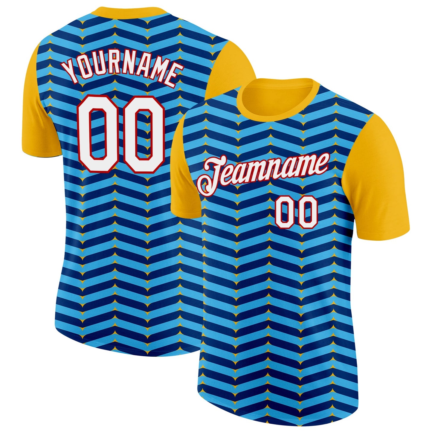 Custom Gold Sky Blue US Navy Blue-Red 3D Esports Performance T-Shirt - Main View