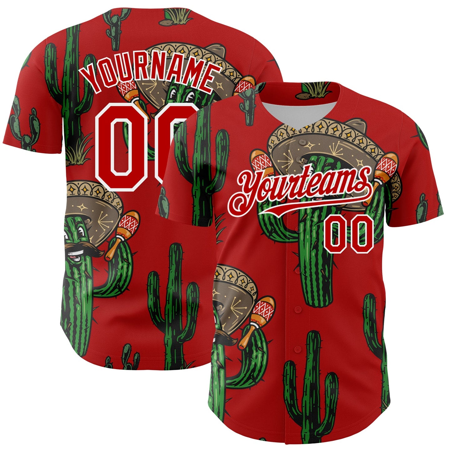 Custom Red White 3D Mexican Cactus Authentic Baseball Jersey - Main View