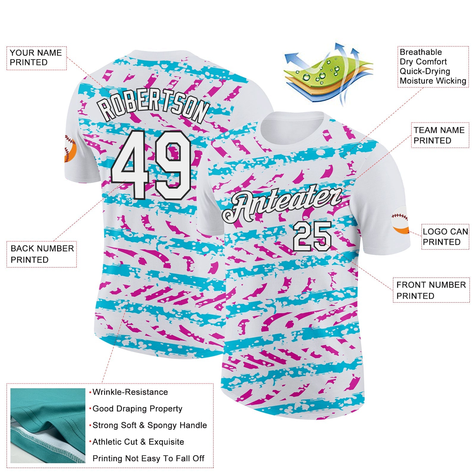 Custom White Lakes Blue Deep Pink-Black 3D Esports Performance T-Shirt view 2