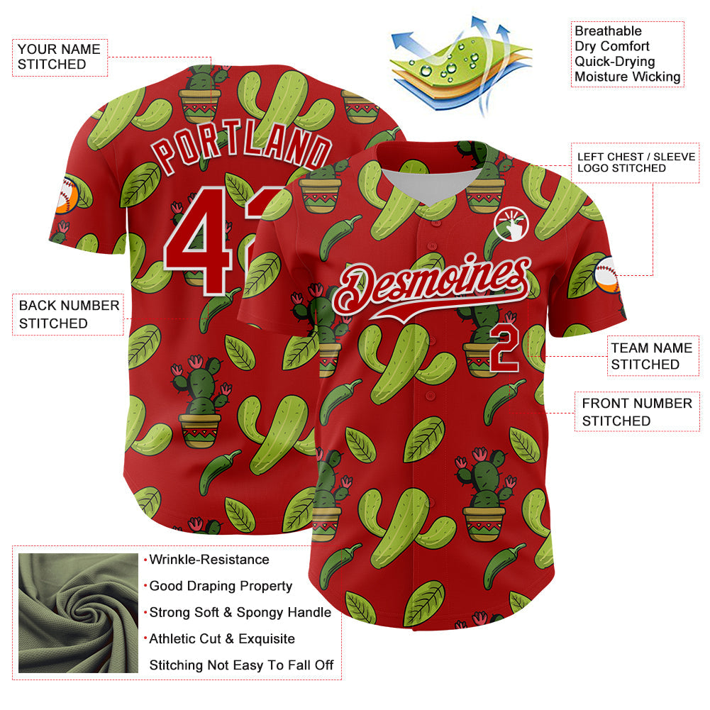 Custom Red White 3D Mexican Cactus Authentic Baseball Jersey view 3