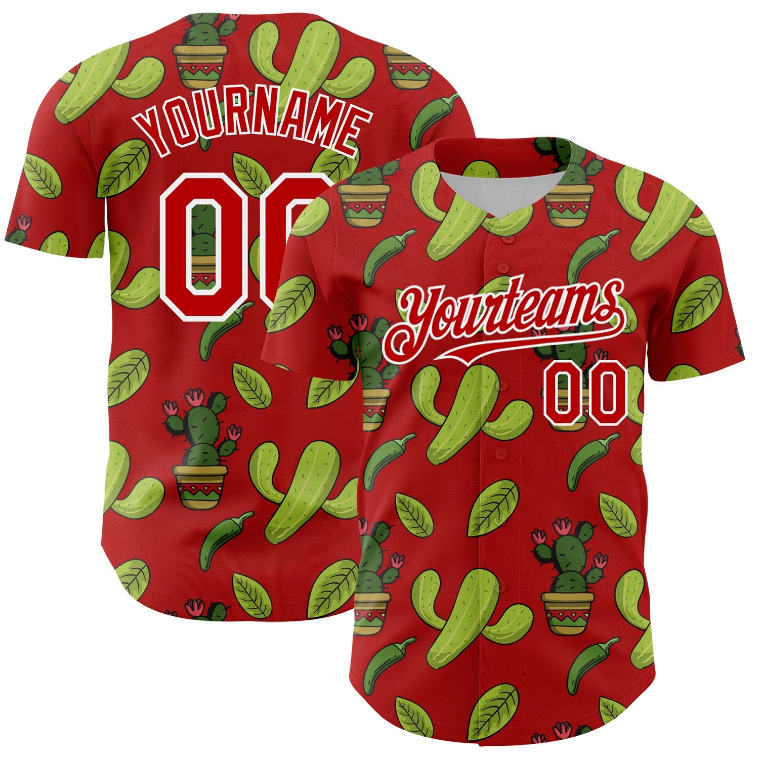 Custom Red White 3D Mexican Cactus Authentic Baseball Jersey - Main View