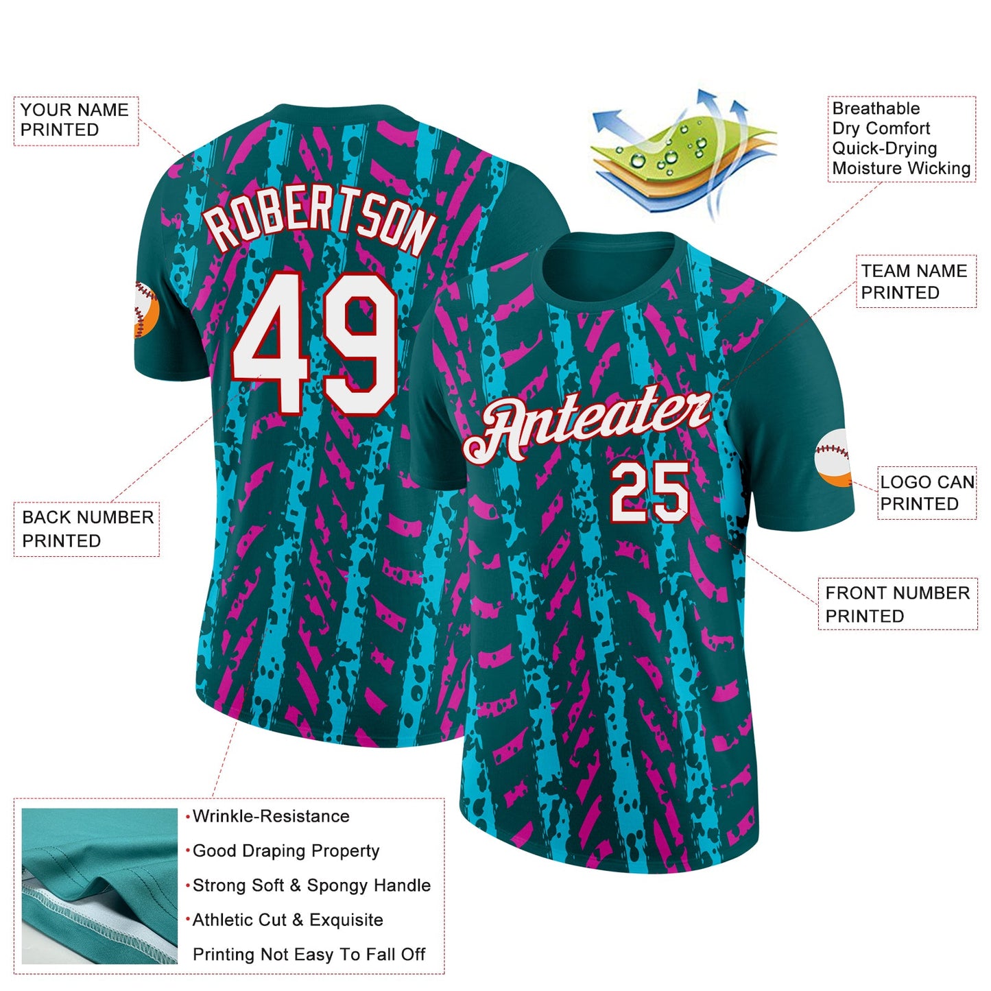 Custom Midnight Green Lakes Blue Deep Pink-Red 3D Esports Performance T-Shirt view 2
