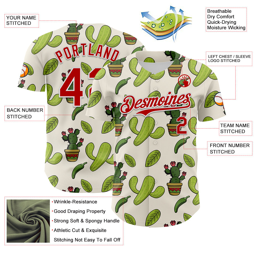Custom Cream Red-White 3D Mexican Cactus Authentic Baseball Jersey view 3