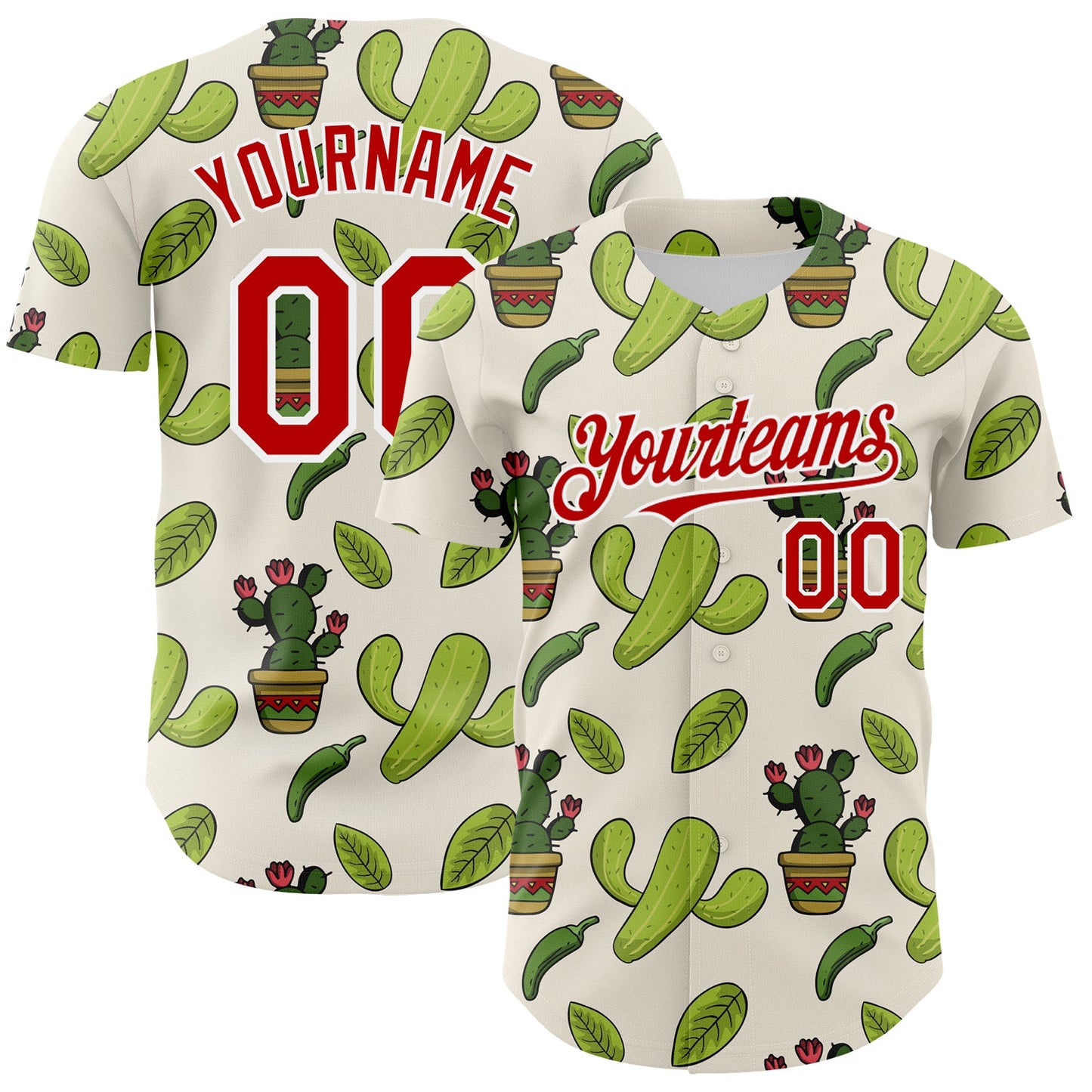 Custom Cream Red-White 3D Mexican Cactus Authentic Baseball Jersey - Main View