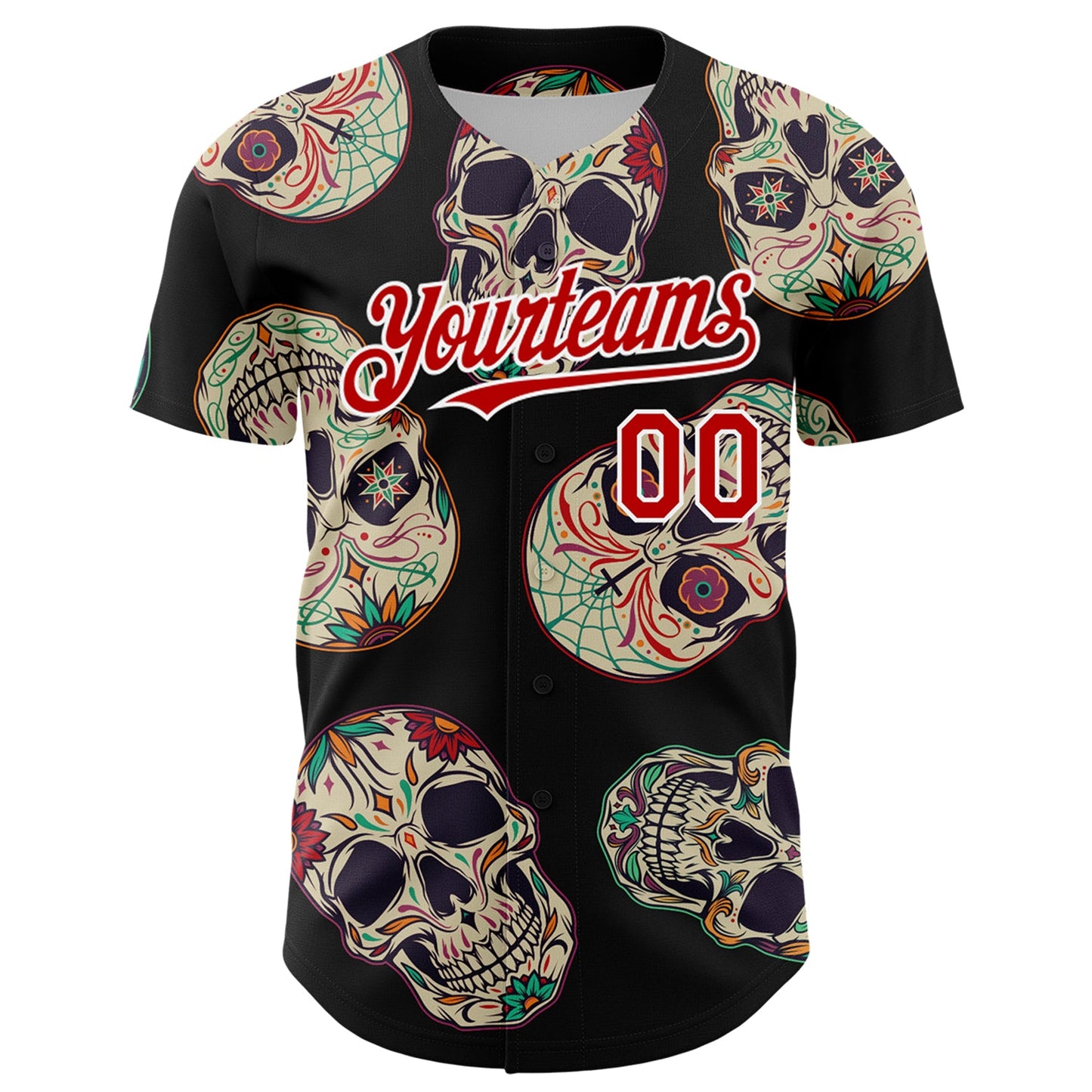 Custom Black Red-White 3D Mexican Skull Authentic Baseball Jersey view 2