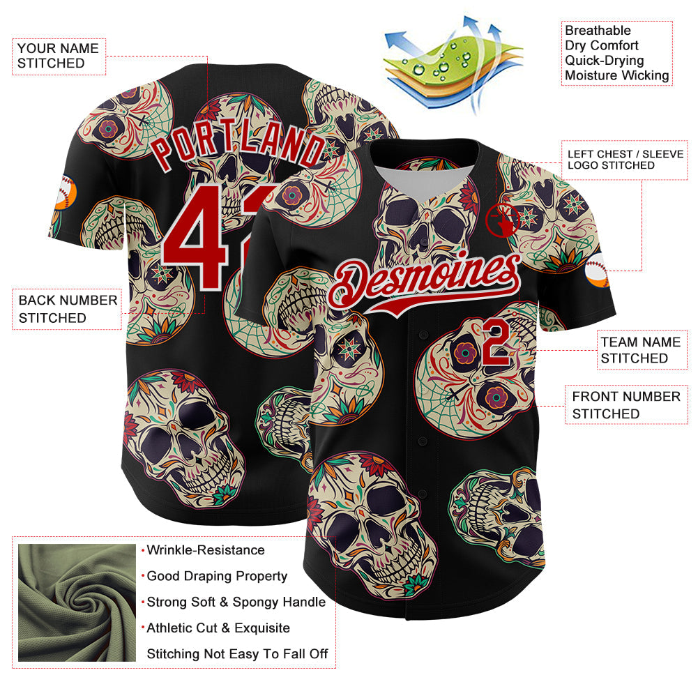 Custom Black Red-White 3D Mexican Skull Authentic Baseball Jersey view 3