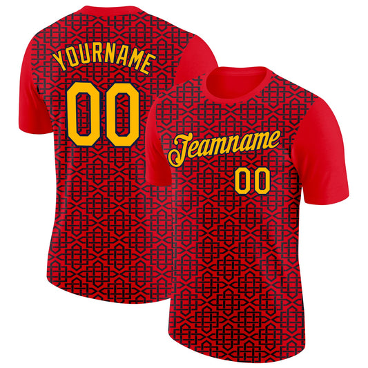 Custom Fire Red Gold Black-Navy 3D Esports Performance T-Shirt - Main View