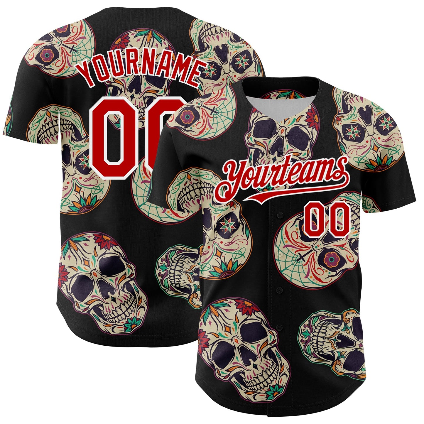 Custom Black Red-White 3D Mexican Skull Authentic Baseball Jersey - Main View