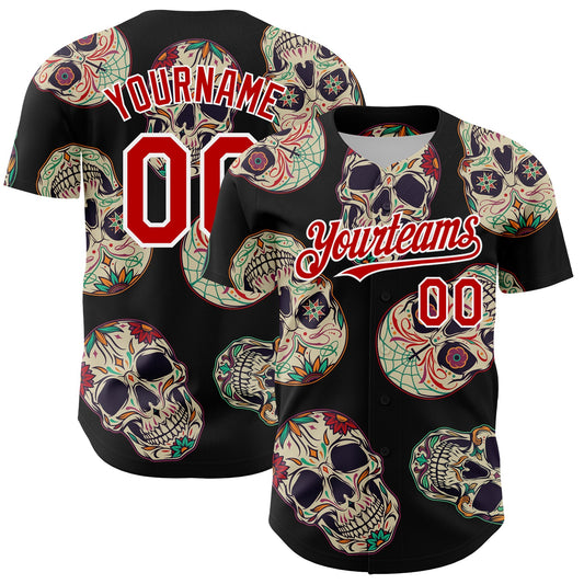 Custom Black Red-White 3D Mexican Skull Authentic Baseball Jersey - Main View