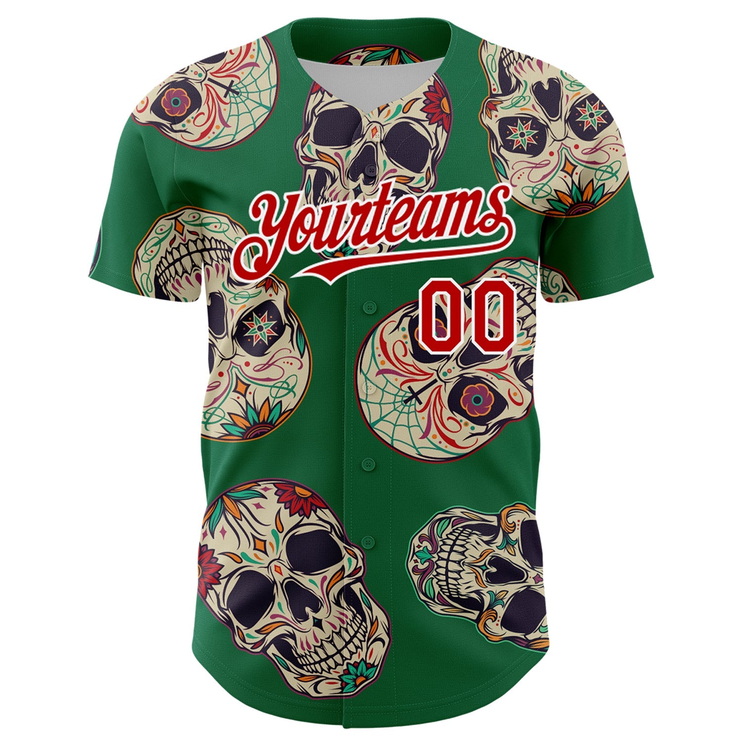 Custom Kelly Green Red-White 3D Mexican Skull Authentic Baseball Jersey view 2