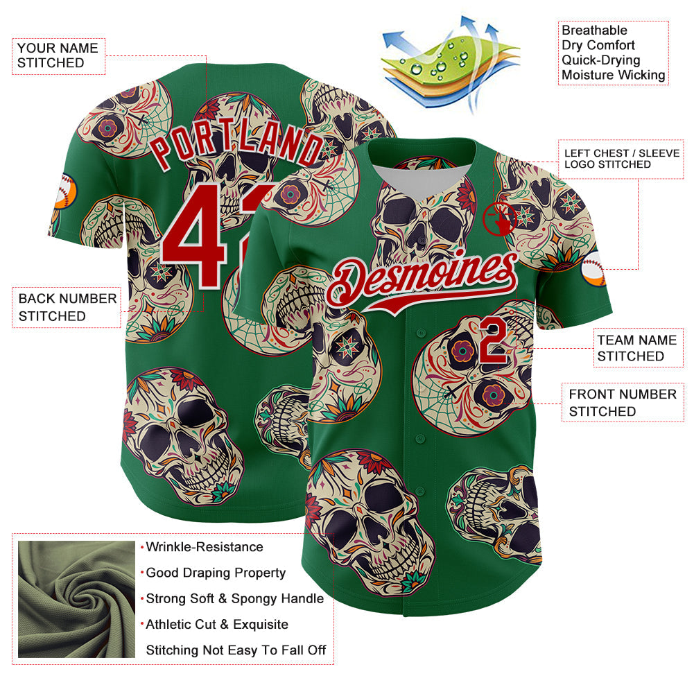 Custom Kelly Green Red-White 3D Mexican Skull Authentic Baseball Jersey view 3