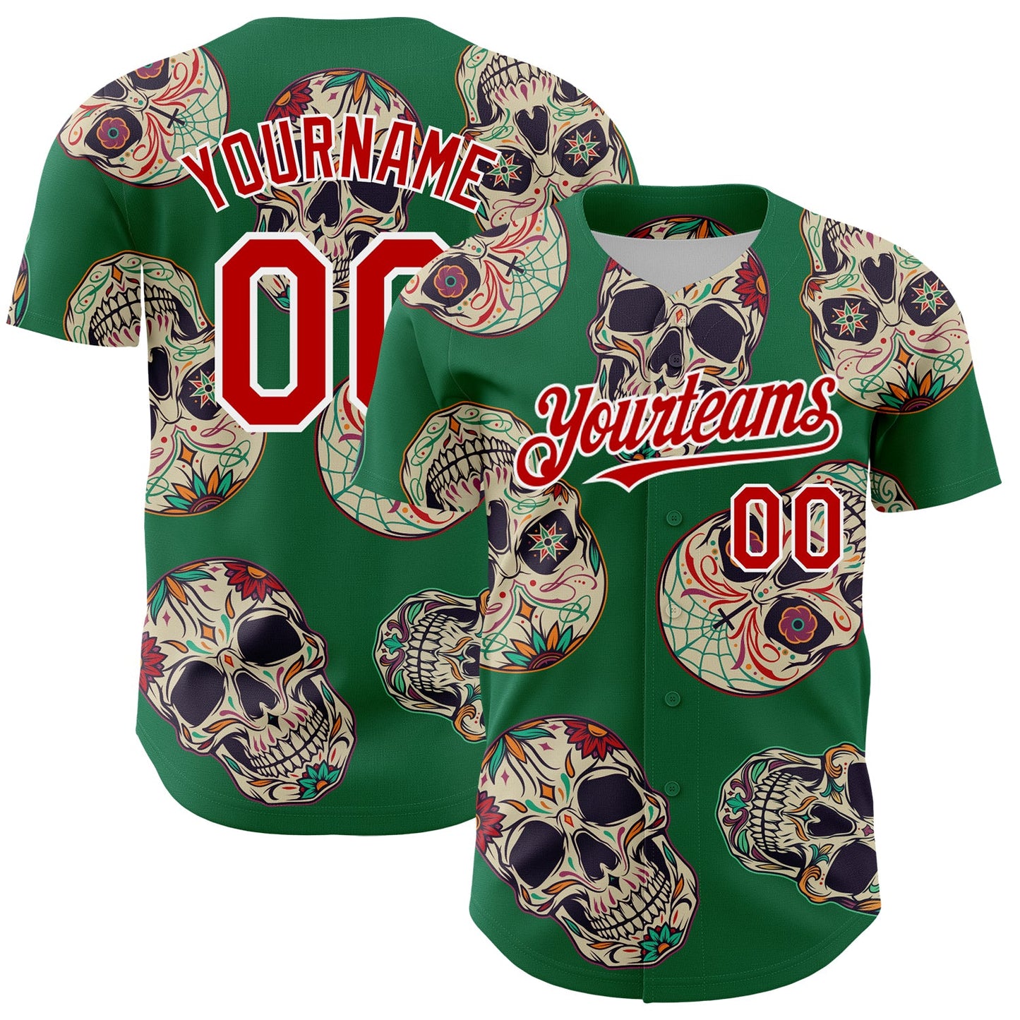 Custom Kelly Green Red-White 3D Mexican Skull Authentic Baseball Jersey - Main View