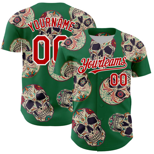 Custom Kelly Green Red-White 3D Mexican Skull Authentic Baseball Jersey - Main View