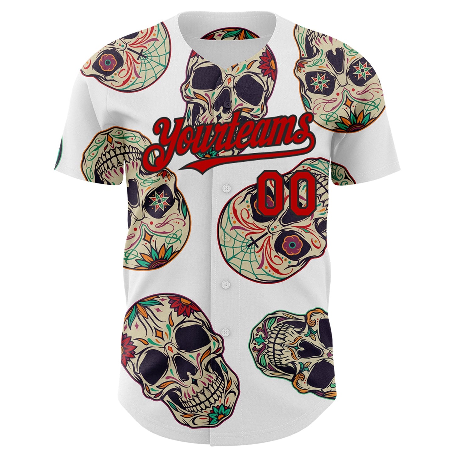 Custom White Red-Black 3D Mexican Skull Authentic Baseball Jersey view 2